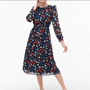 EUC J CREW Black Pink Blue Floral Tiered Long Sleeve Midi Dress Size 0 XS